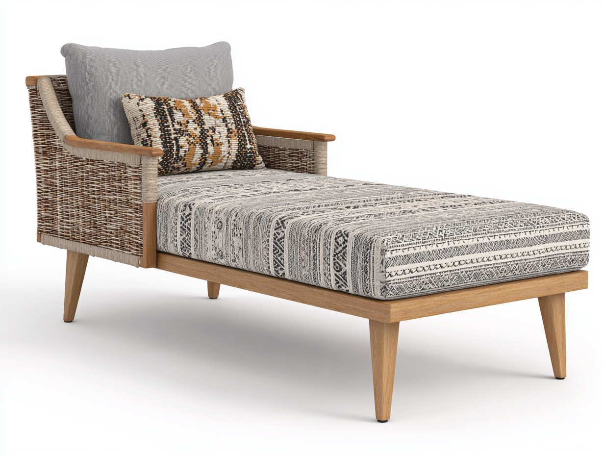 Bain de soleil en rotin avec assise en tissu 190x65x30 cm - Couleur bois-Gris - Design naturel - Adapté à l'extérieur-Volinahome