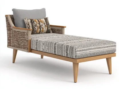 Bain de soleil en rotin avec assise en tissu 190x65x30 cm - Couleur bois-Gris - Design naturel - Adapté à l'extérieur-Volinahome