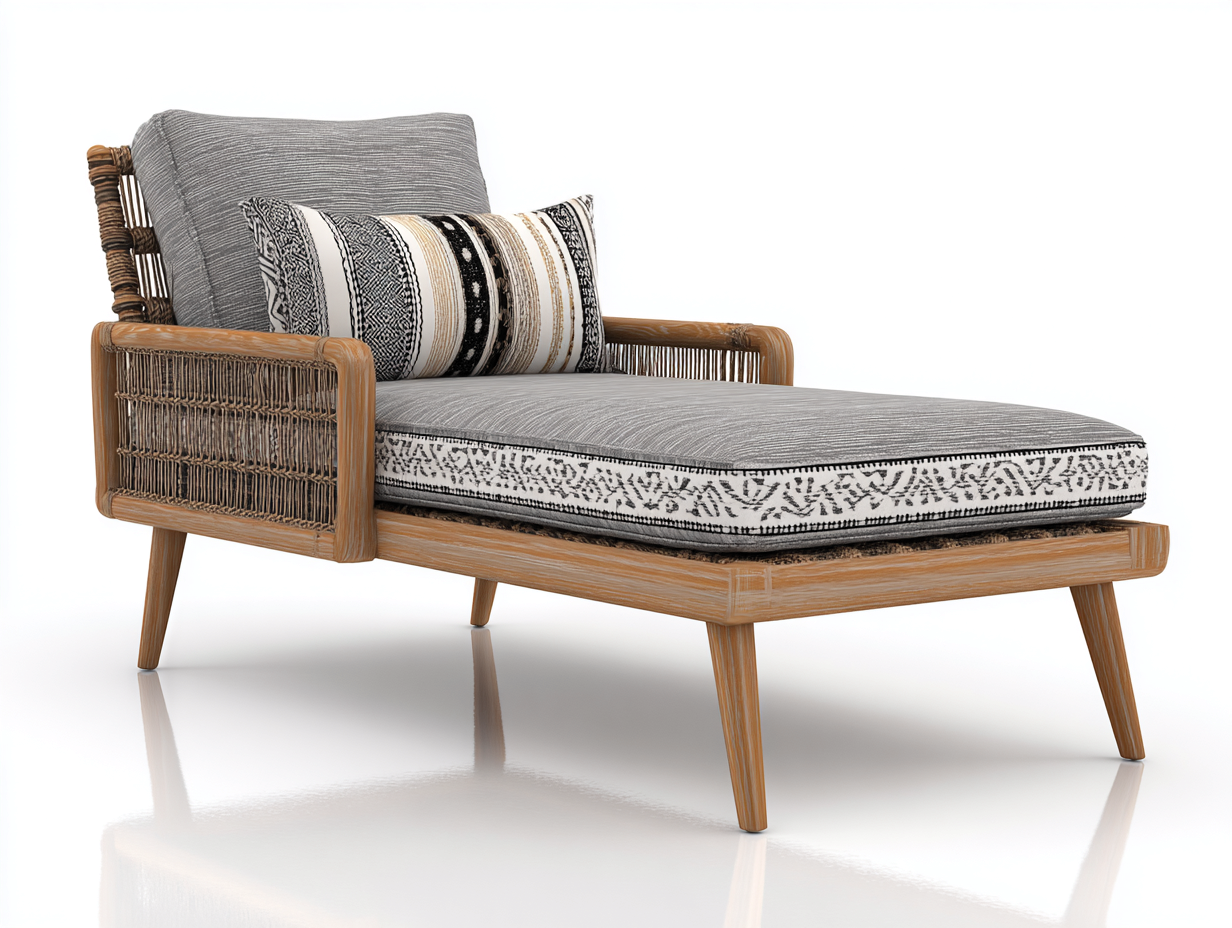 Bain de soleil en bois et rotin avec coussin 180x70x75 cm - bois naturel-gris - style moderne - pour extérieur-Volinahome