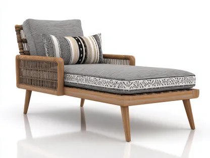 Bain de soleil en bois et rotin avec coussin 180x70x75 cm - bois naturel-gris - style moderne - pour extérieur-Volinahome