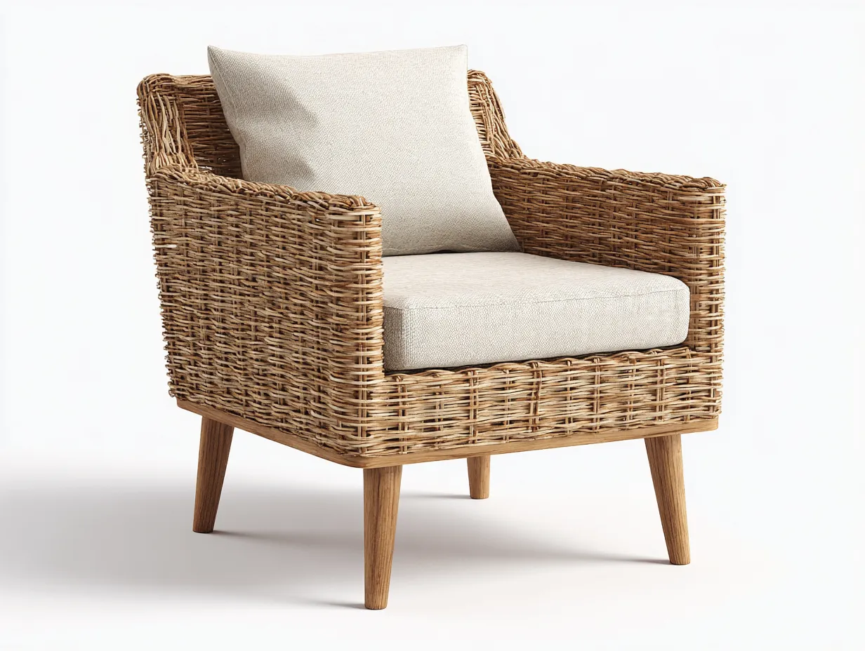 Fauteuil en rotin avec assise en tissu 90x85x80 cm - Couleur rotin naturel-Blanc cassé - Design carré - Adapté à l'extérieur-Volinahome