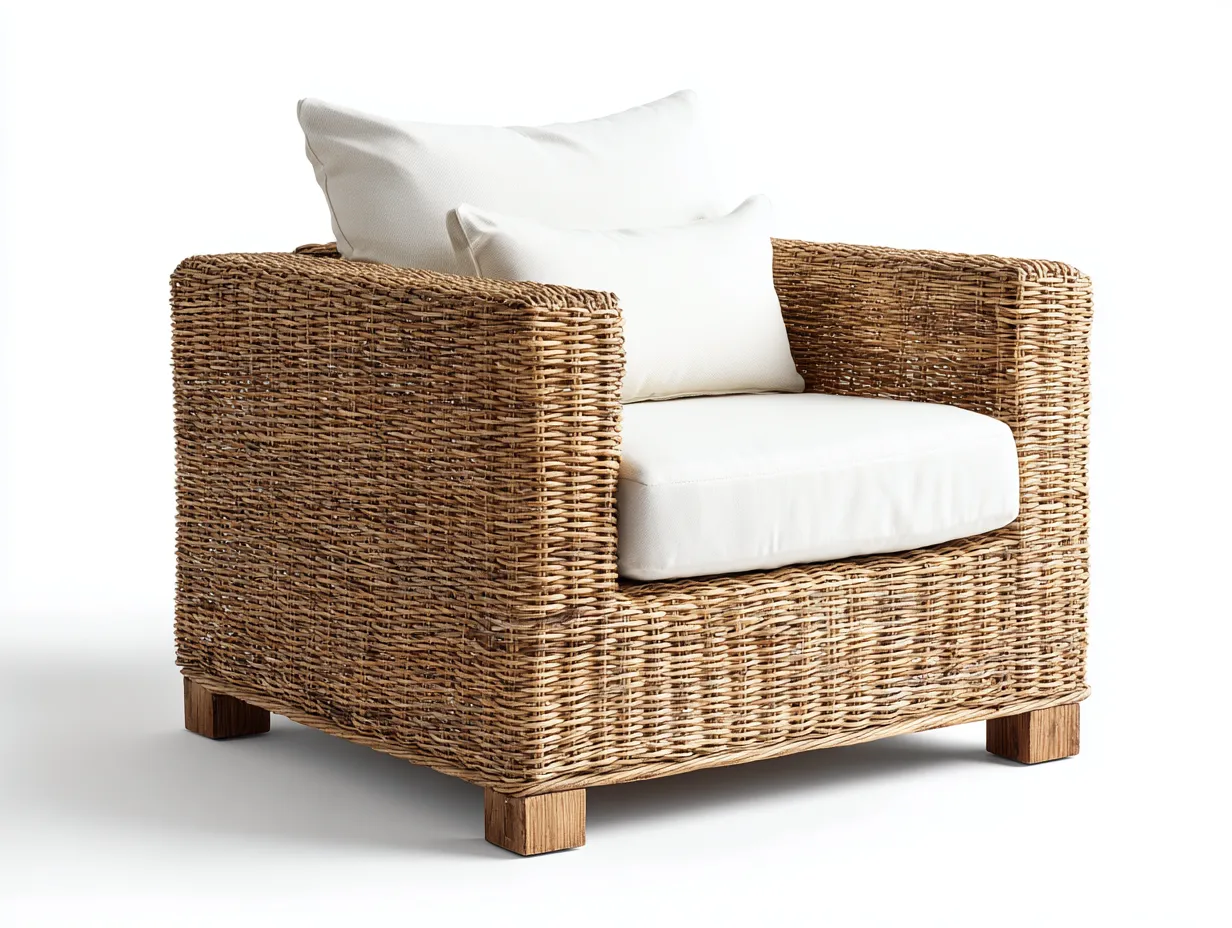 Fauteuil en rotin avec assise en tissu 85x80x75 cm - Couleur rotin naturel-Beige - Design carré - Adapté à l'extérieur-Volinahome