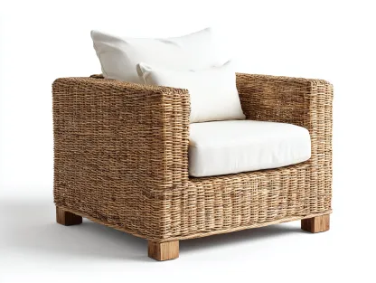 Fauteuil en rotin avec assise en tissu 85x80x75 cm - Couleur rotin naturel-Beige - Design carré - Adapté à l'extérieur-Volinahome