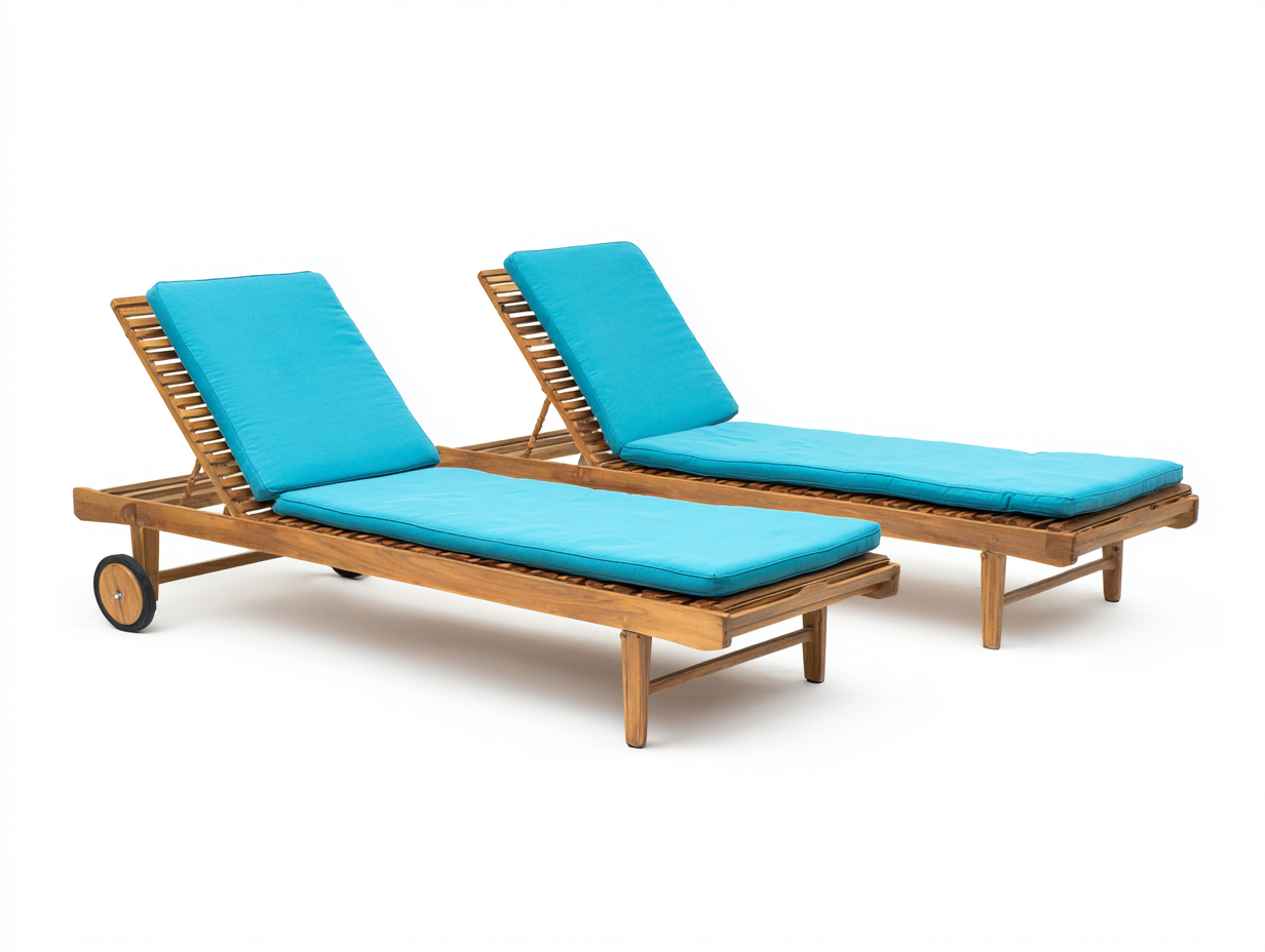 Bain de soleil en bois avec coussin réglable 195x70x85 cm - bois naturel-bleu - avec roulettes - pour extérieur-Volinahome