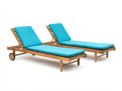 Bain de soleil en bois avec coussin réglable 195x70x85 cm - bois naturel-bleu - avec roulettes - pour extérieur-Volinahome