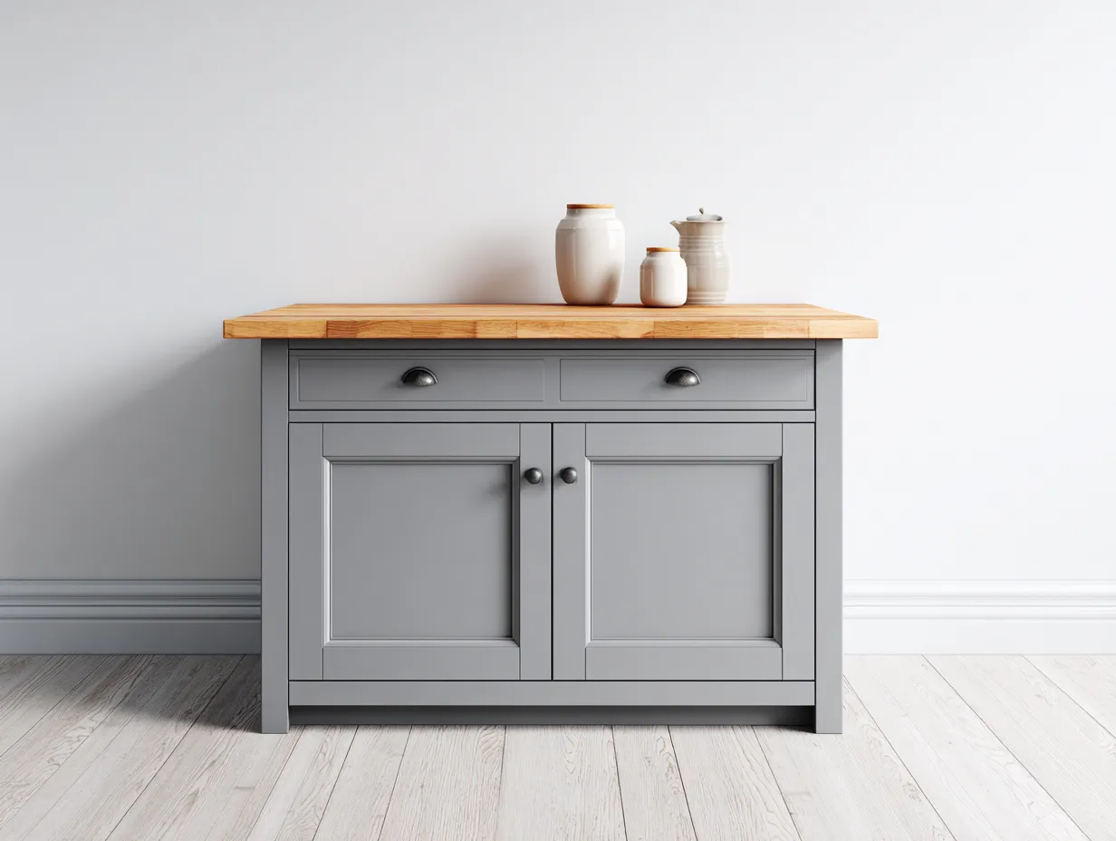 Buffet en bois et MDF avec 2 portes et 2 tiroirs 120x45x85 cm - Couleur bois naturel-Gris - Design moderne - Adapté à la salle à manger-Volinahome