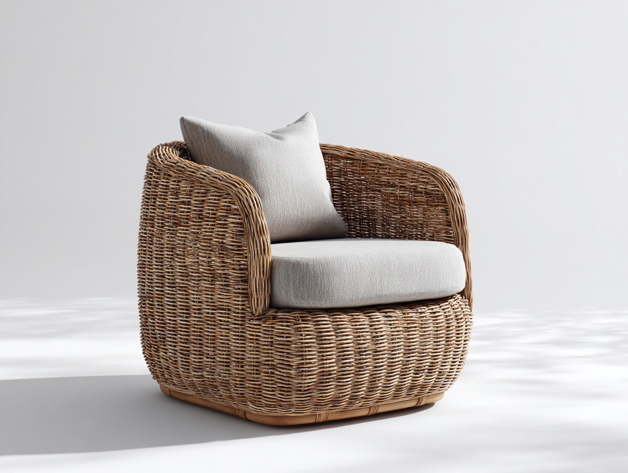 Fauteuil en rotin avec assise en tissu 80x75x75 cm - Couleur rotin naturel-Gris clair - Design arrondi - Adapté à l'extérieur-Volinahome