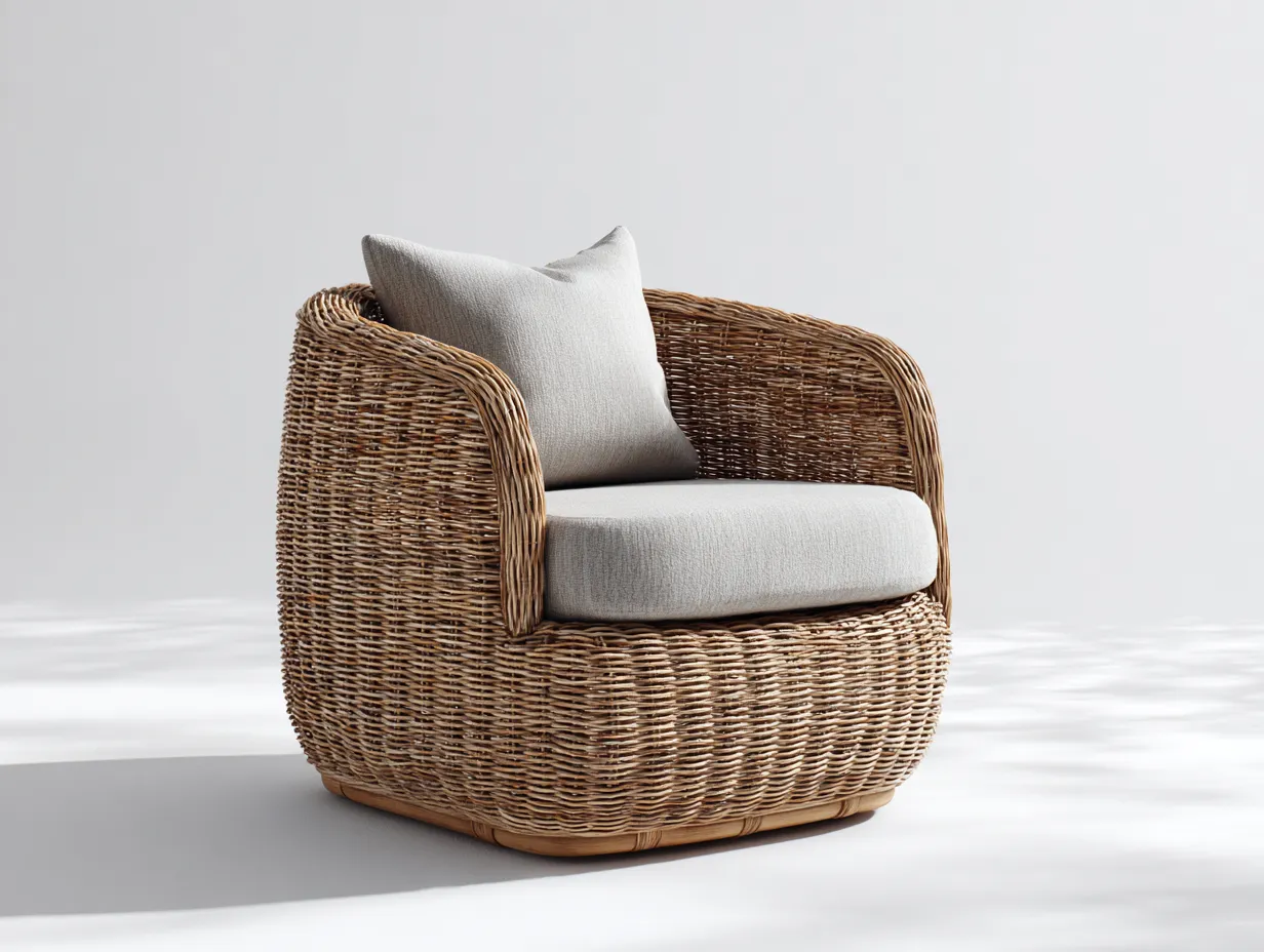 Fauteuil en rotin avec assise en tissu 80x75x75 cm - Couleur rotin naturel-Gris clair - Design arrondi - Adapté à l'extérieur-Volinahome