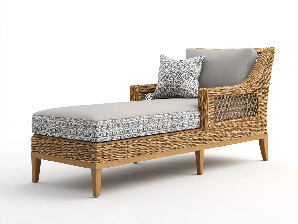 Bain de soleil en bois et rotin avec coussin 185x75x80 cm - bois naturel-gris - style moderne - pour extérieur-Volinahome