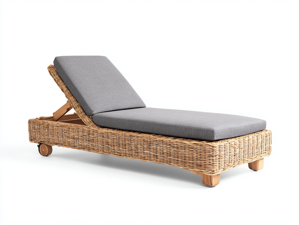 Bain de soleil en rotin avec coussin en tissu 195x65x35 cm - Couleur bois-Gris - Dossier réglable - Adapté à l'extérieur-Volinahome