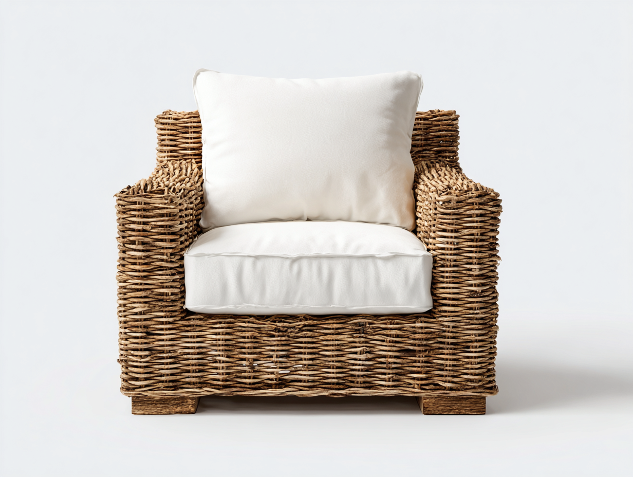 Fauteuil en rotin avec assise en tissu 88x85x78 cm - Couleur rotin naturel-Blanc cassé - Design carré - Adapté à l'extérieur-Volinahome