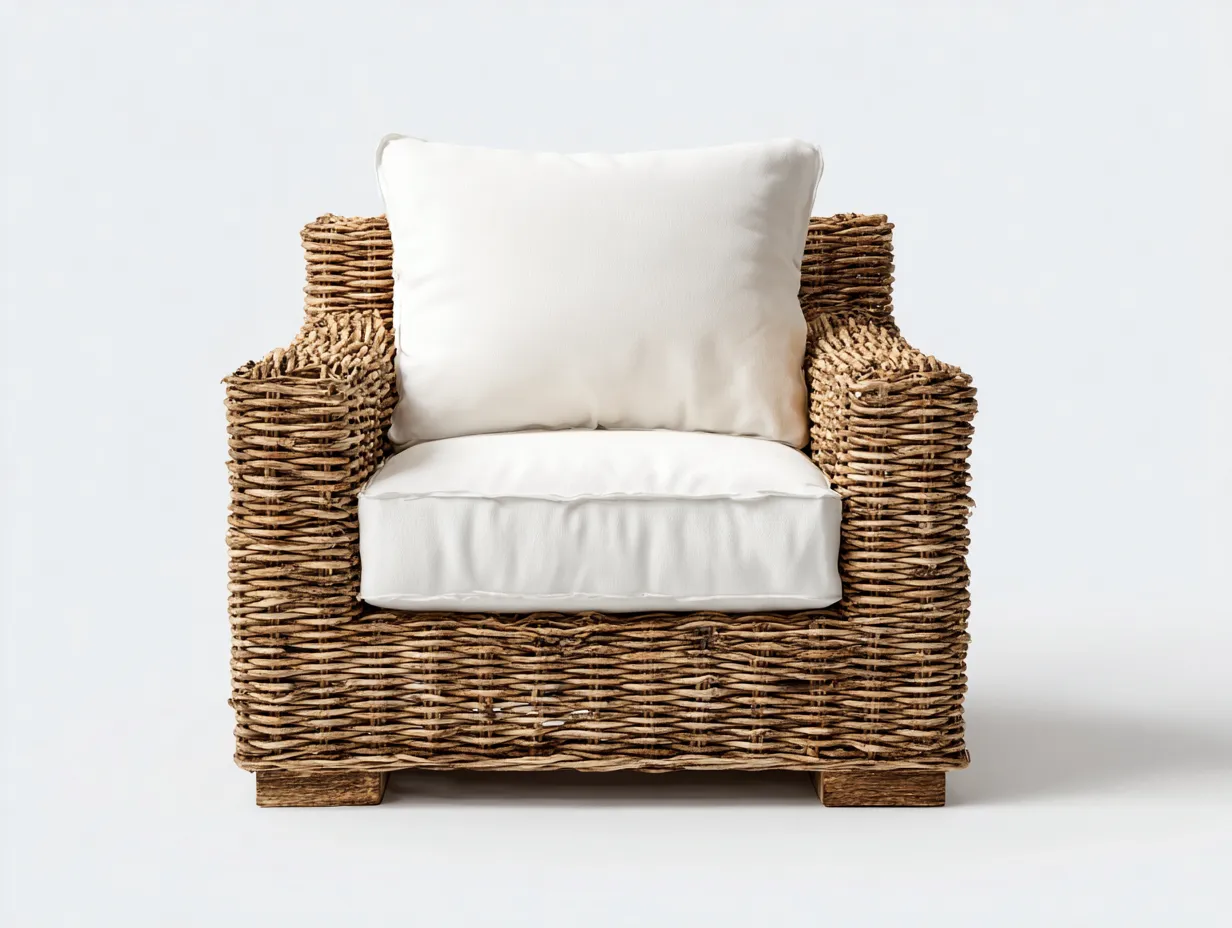 Fauteuil en rotin avec assise en tissu 88x85x78 cm - Couleur rotin naturel-Blanc cassé - Design carré - Adapté à l'extérieur-Volinahome