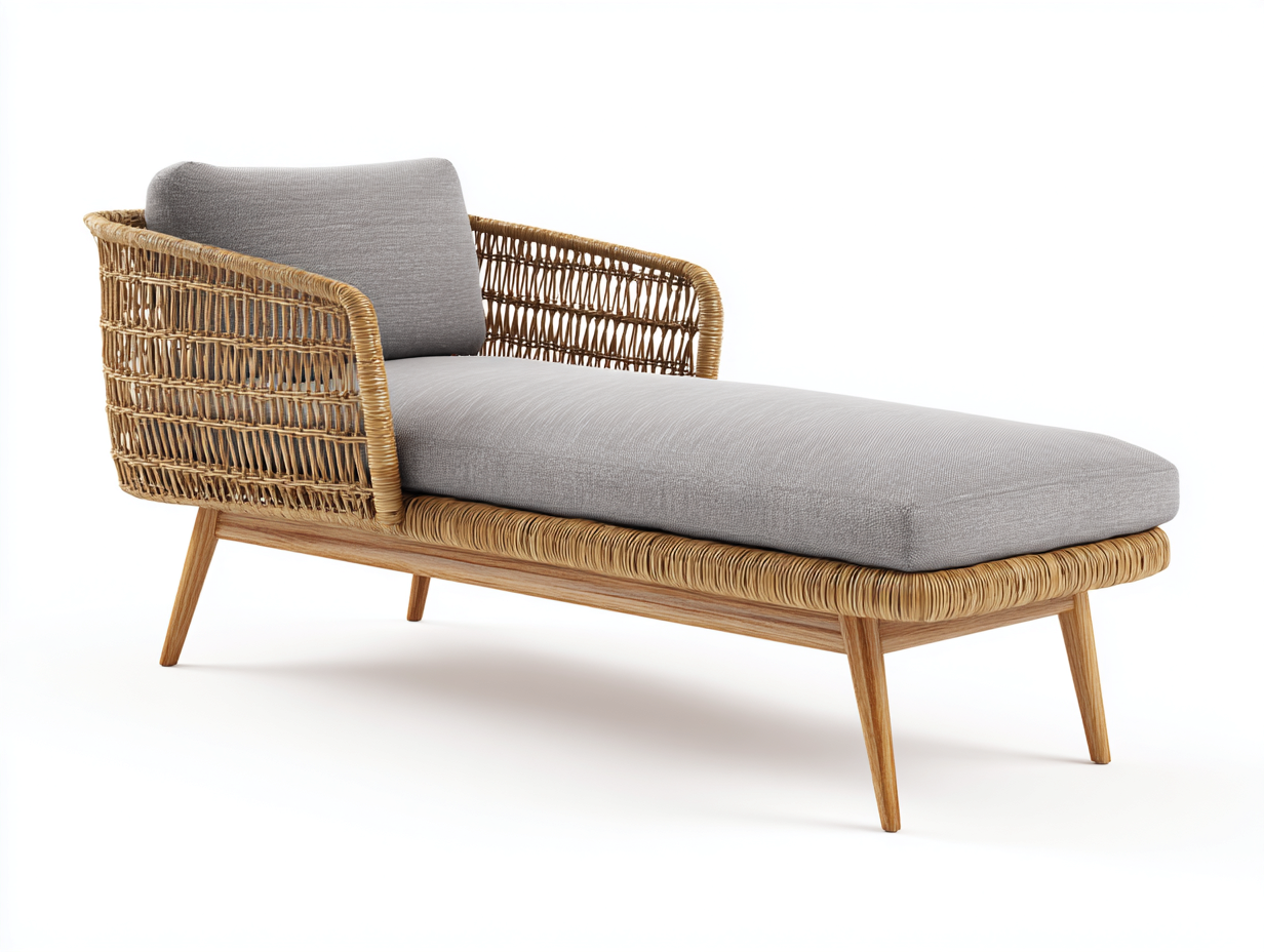 Bain de soleil en rotin avec coussin en tissu 195x65x35 cm - Couleur bois-Gris - Structure fixe - Adapté à l'extérieur-Volinahome