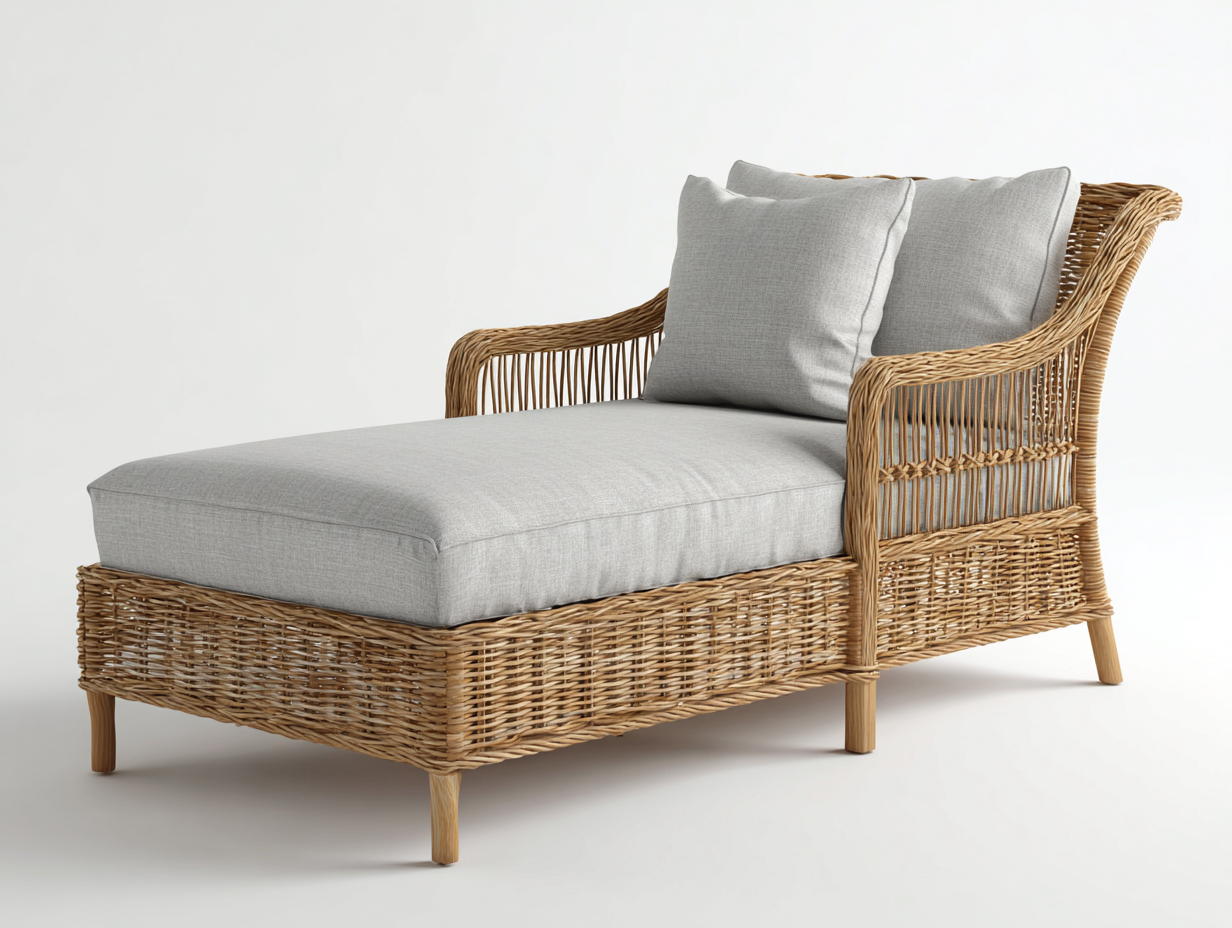 Bain de soleil en bois et rotin avec coussin 190x72x78 cm - bois naturel-gris - style moderne - pour extérieur-Volinahome