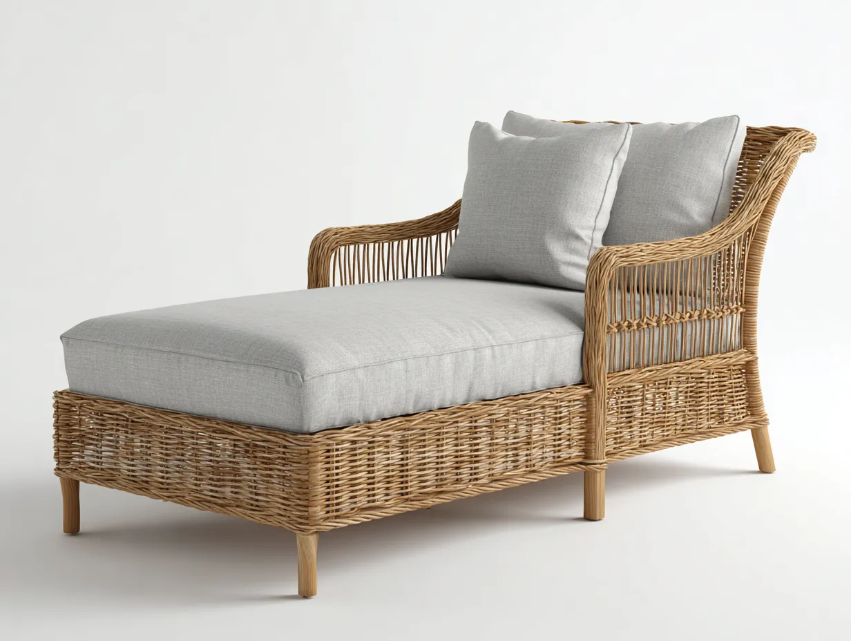 Bain de soleil en bois et rotin avec coussin 190x72x78 cm - bois naturel-gris - style moderne - pour extérieur-Volinahome