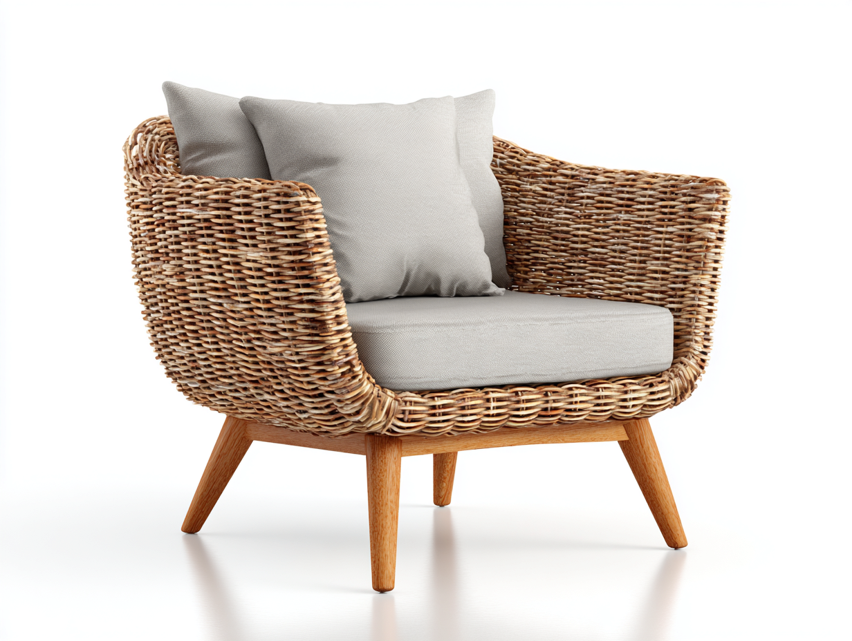 Fauteuil en rotin avec assise en tissu 75x70x80 cm - Couleur bois-Gris clair - Design naturel - Adapté à l'extérieur-Volinahome