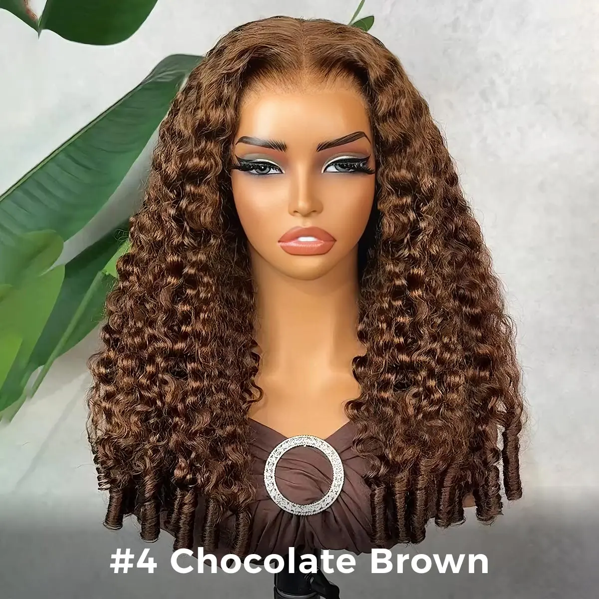  viv HAIR Full Burmese Curly 13x6 Lace Frontal Glueless Wigs # 4 Chocolate Brown Color 220% Density Water Wave Virgin Human Hair Wigs Pre Plucked Natural Hairline # SummerVibes