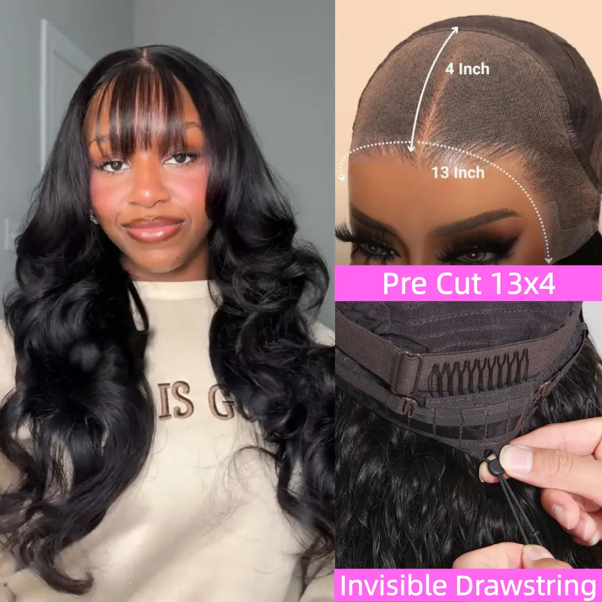UNice Pre-Everything Fluffy Natural Loose Wave Wig with Curtain Bangs Glueless 13x4/7x5 HD Lace Human Hair Wigs Friendly for Beginners
