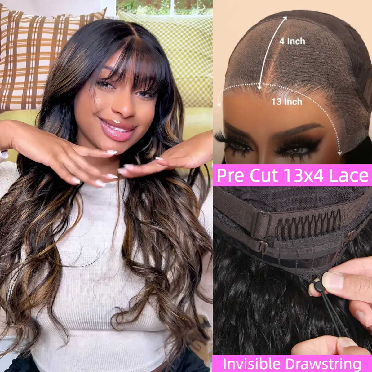 UNice Pre-Everything Fluffy Natural Loose Wave Wig with Curtain Bangs Glueless 13x4/7x5 HD Lace Human Hair Wigs Friendly for Beginners