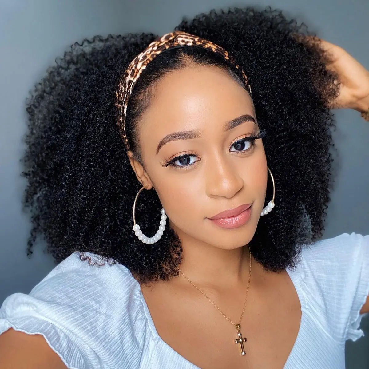 OQHAIR Afro Kinky Curly Headband Wig Human Hair Scarf Wig No Gel No Glue Full Machine Made Wig with Headband 180% Density