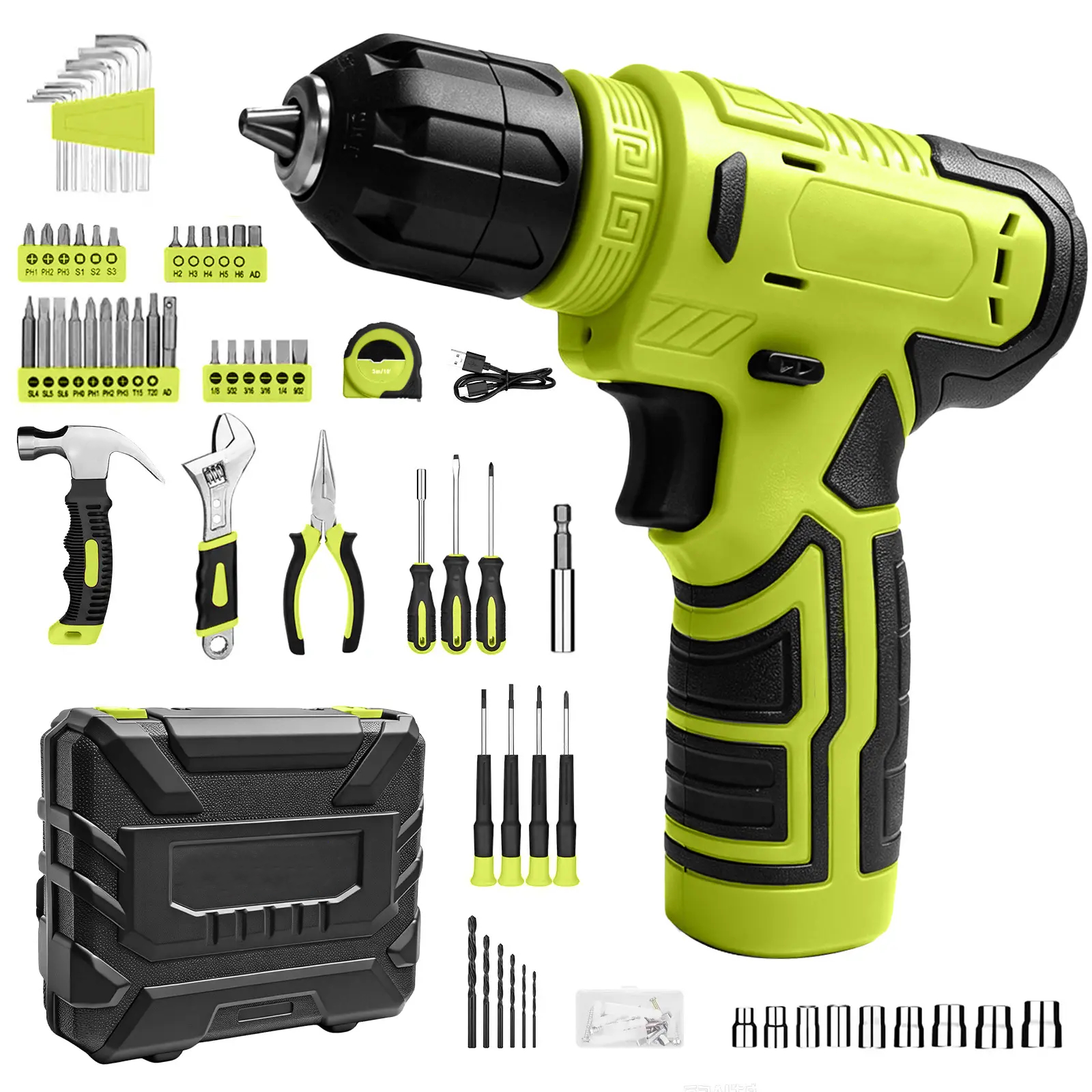 Miumustore 126-piece tool kit, including a cordless drill, suitable for home and DIY projects.