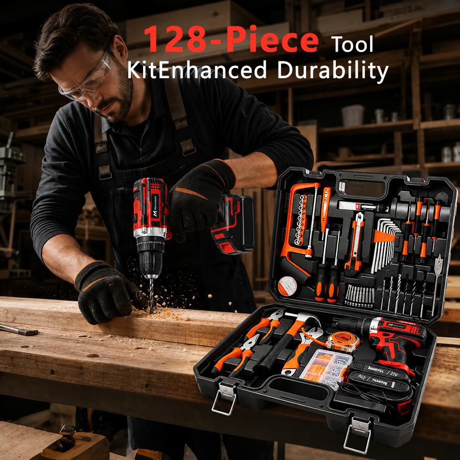 128‑Piece 21V Cordless Drill Tool Set | DIY Kit for Furniture & Home Repairs