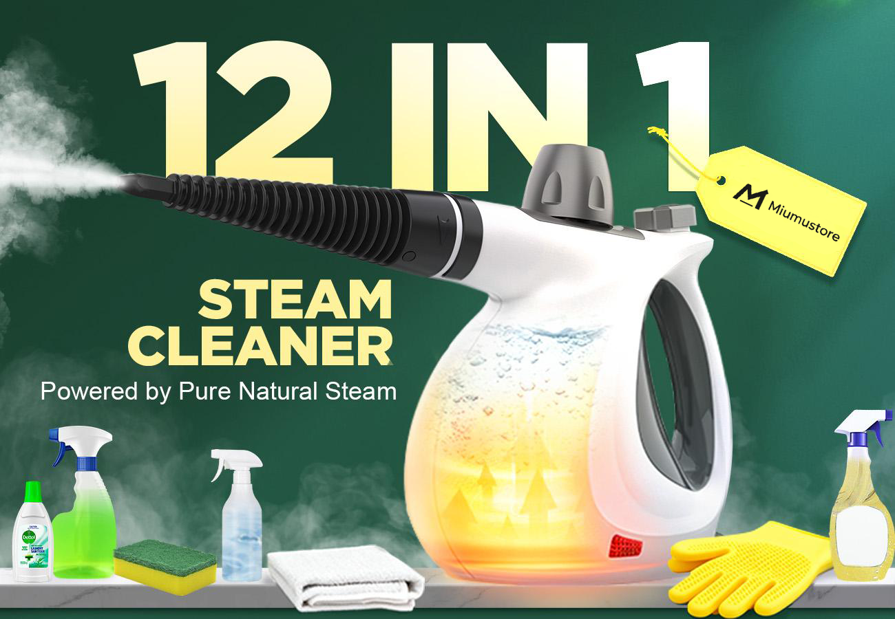 [Back To School]Phueut Pressurized Handheld Steam Cleaner with 12 Accessories, Multi-Surface Steamer for Kitchen, Bathroom, Grout, Upholstery and Car