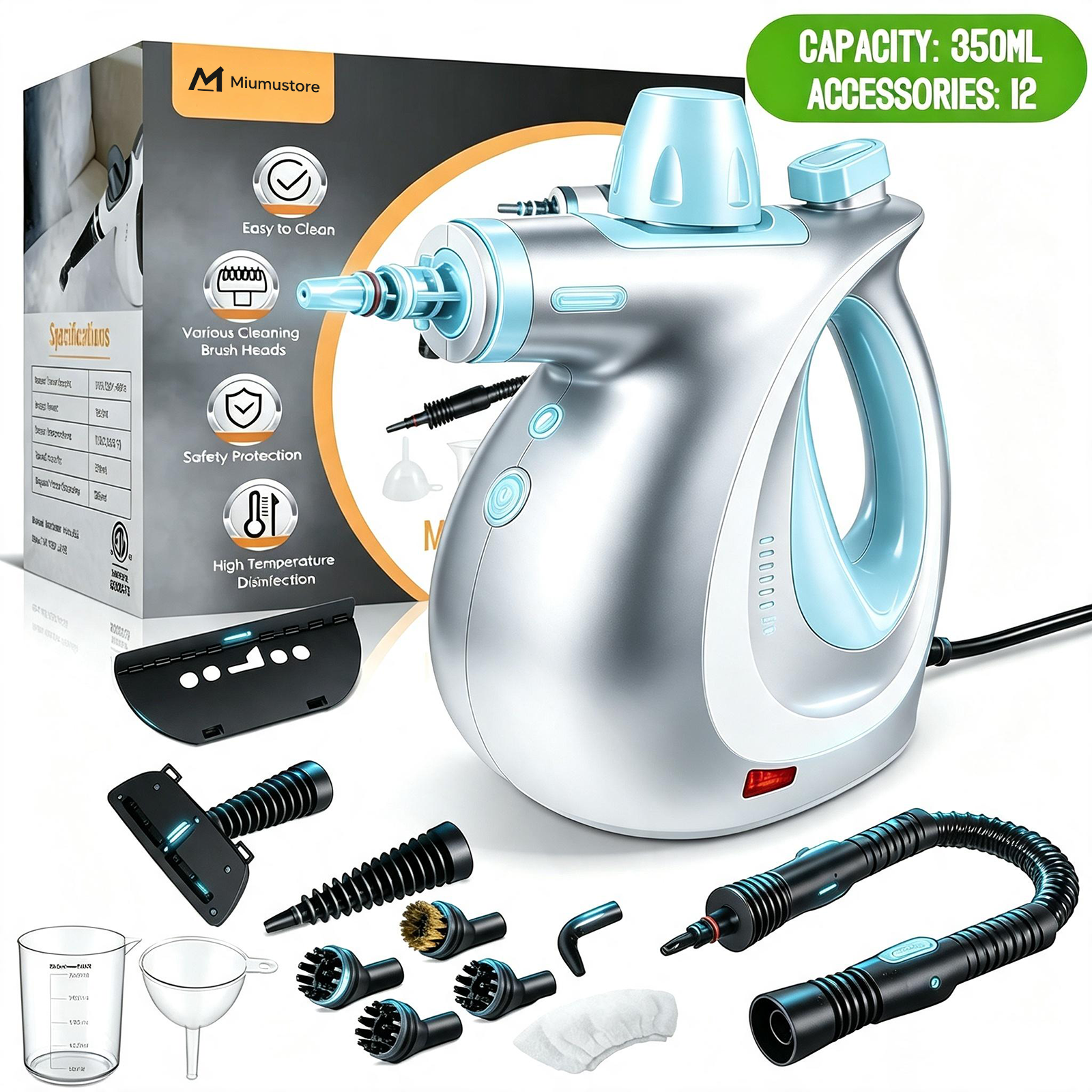 Miumustore Handheld Multi-Functional Steam Cleaner - 12 Accessories
