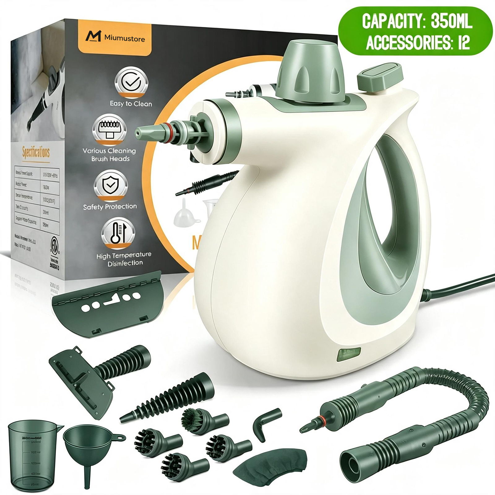 Miumustore Handheld Multi-Functional Steam Cleaner - 12 Accessories
