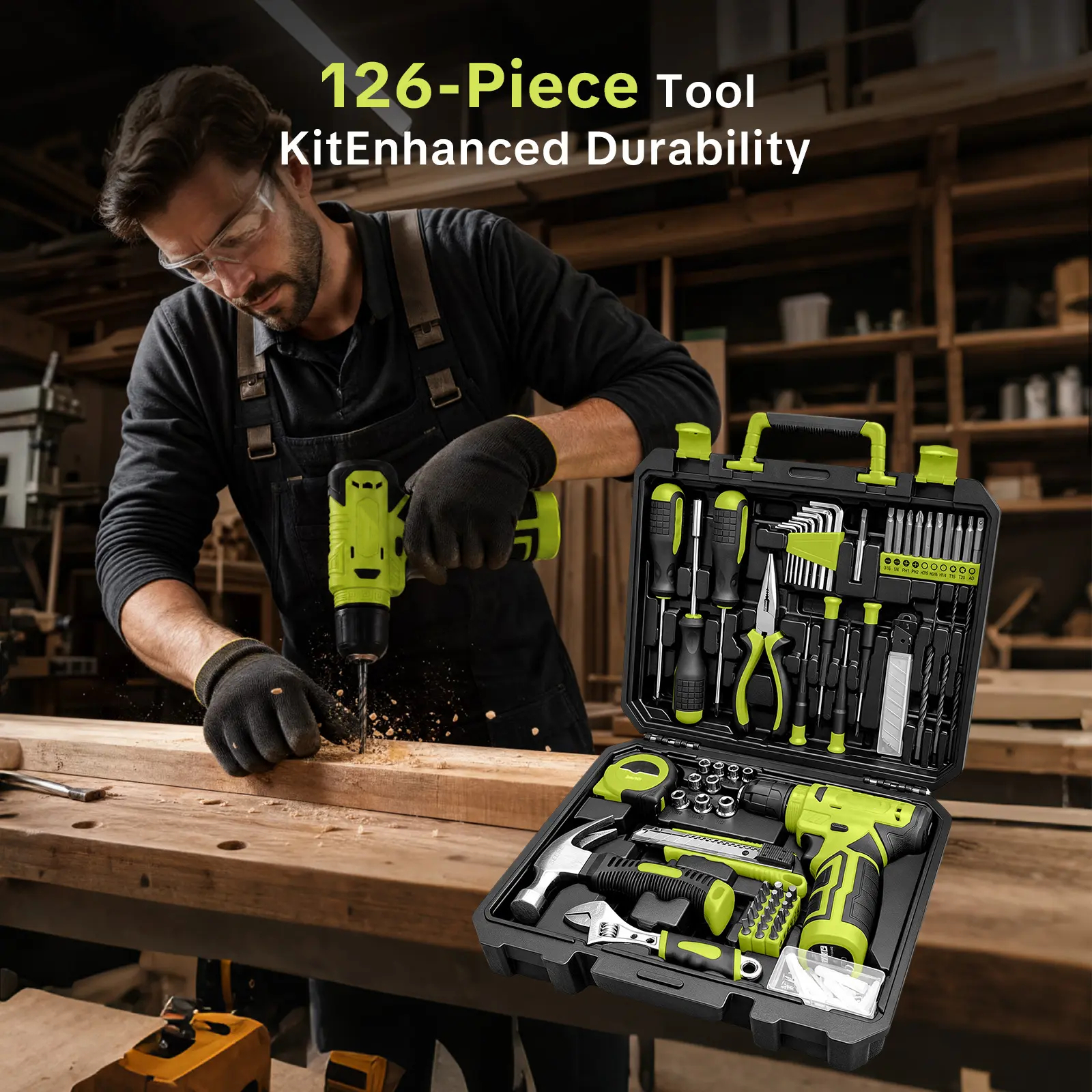 Miumustore 126-piece tool kit, including a cordless drill, suitable for home and DIY projects.