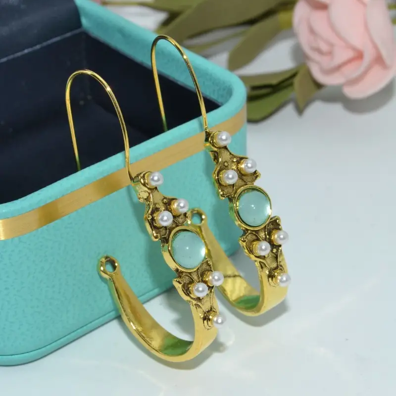 1 pair bohemian style gold plated earrings with blue sapphire and pearl accents vintage inspired dangle jewelry versatile fashion accessory ideal gift for any occasion details 2