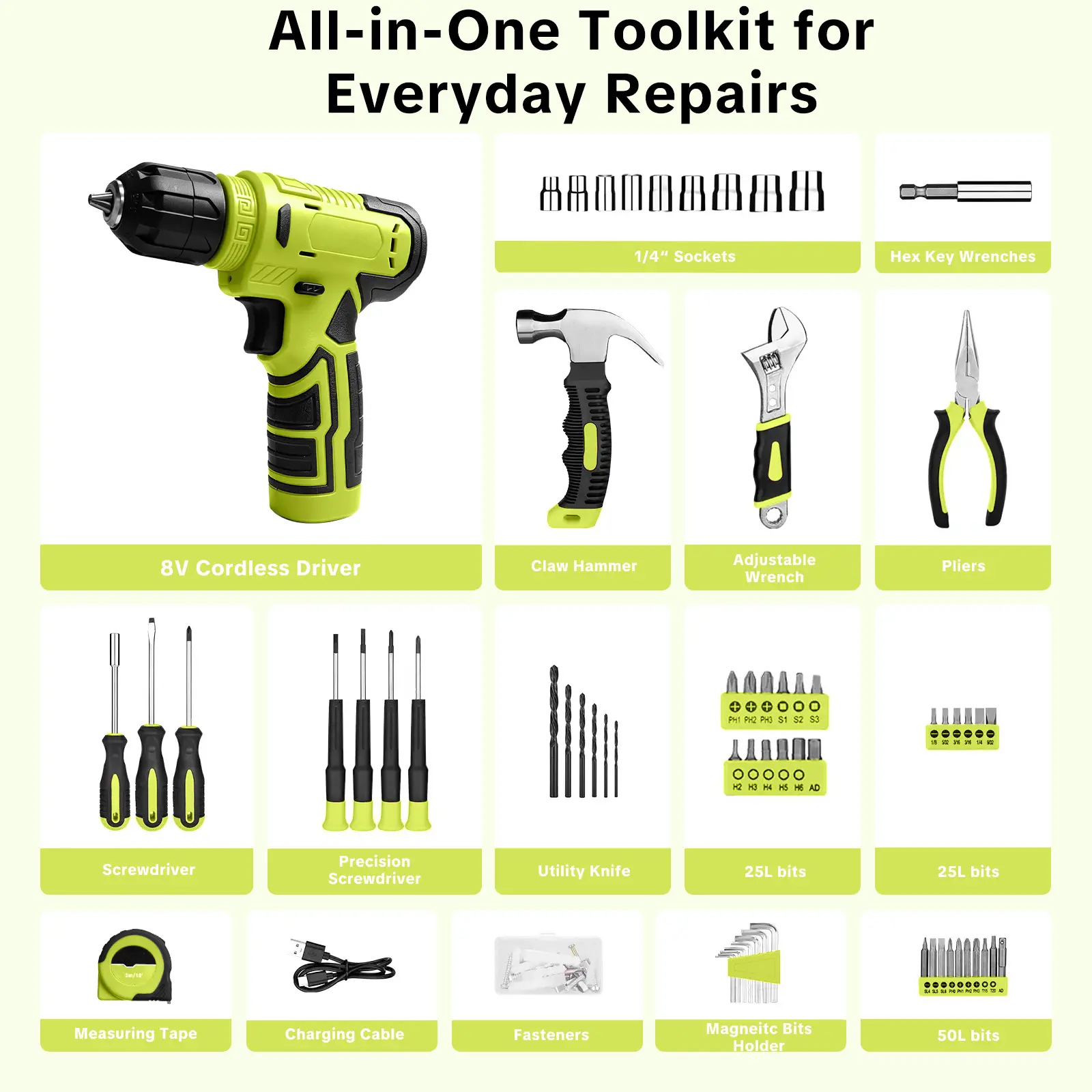 Miumustore 126-piece tool kit, including a cordless drill, suitable for home and DIY projects.