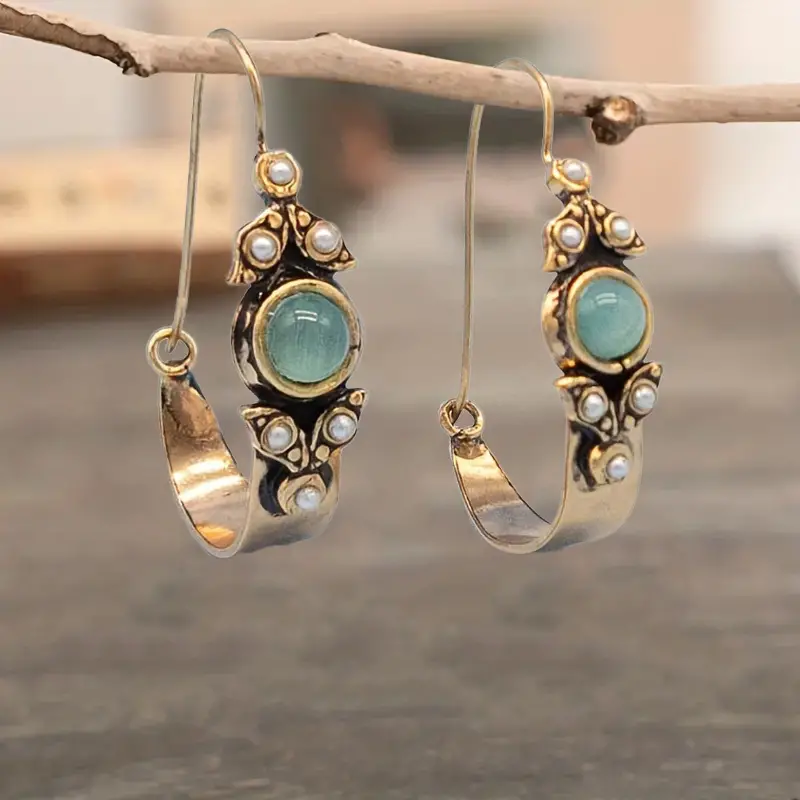 1 pair bohemian style gold plated earrings with blue sapphire and pearl accents vintage inspired dangle jewelry versatile fashion accessory ideal gift for any occasion details 1