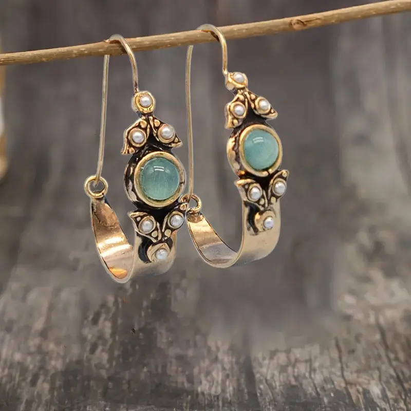 1 pair bohemian style gold plated earrings with blue sapphire and pearl accents vintage inspired dangle jewelry versatile fashion accessory ideal gift for any occasion details 0