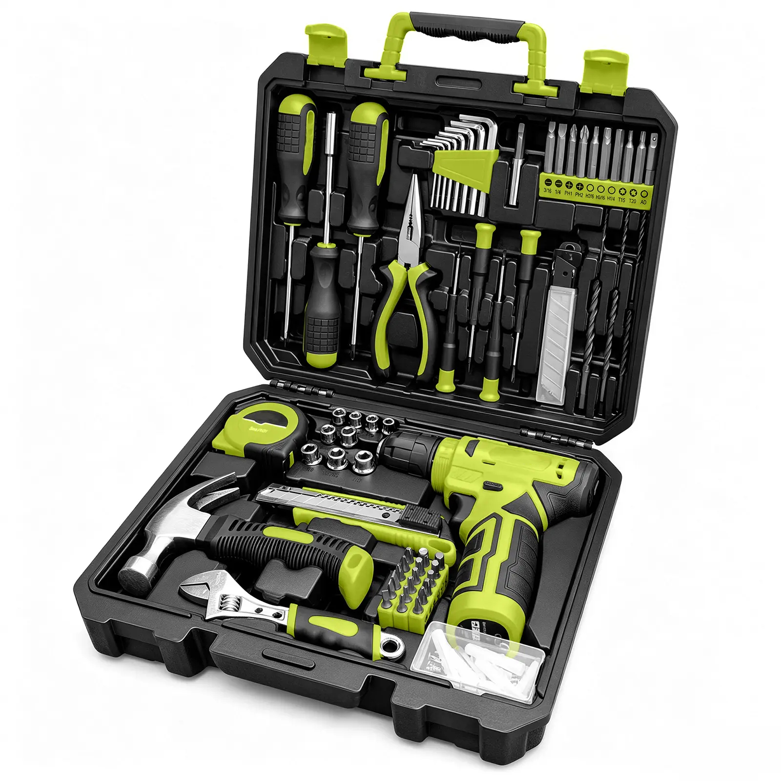 Miumustore 126-piece tool kit, including a cordless drill, suitable for home and DIY projects.