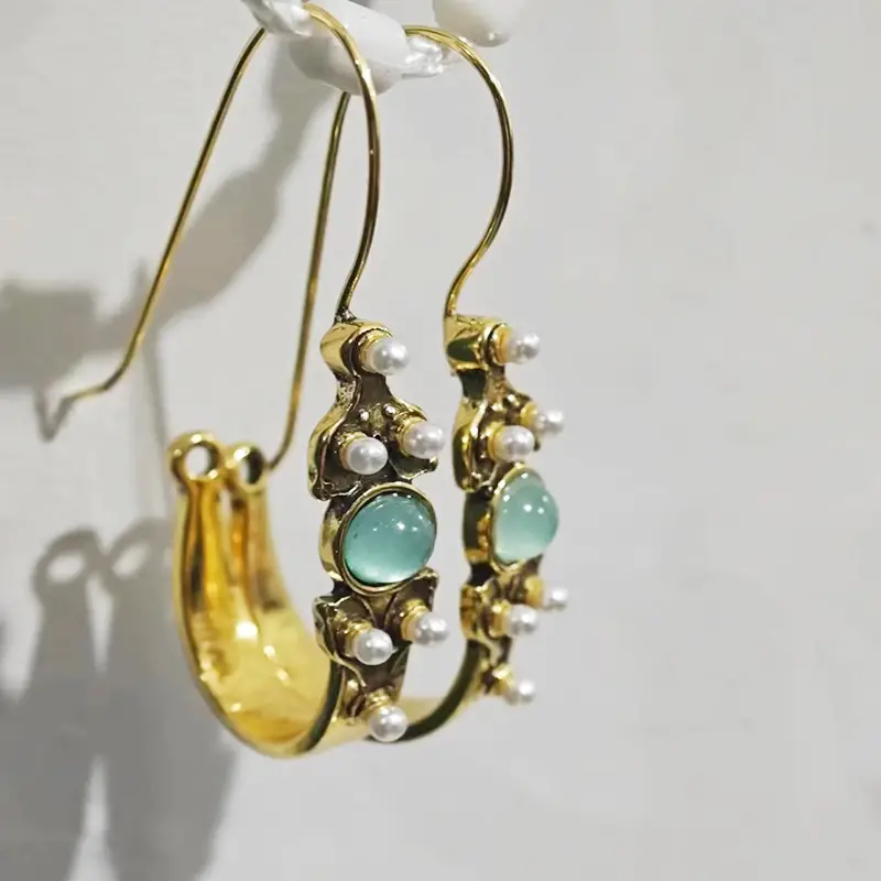 1 pair bohemian style gold plated earrings with blue sapphire and pearl accents vintage inspired dangle jewelry versatile fashion accessory ideal gift for any occasion details 5