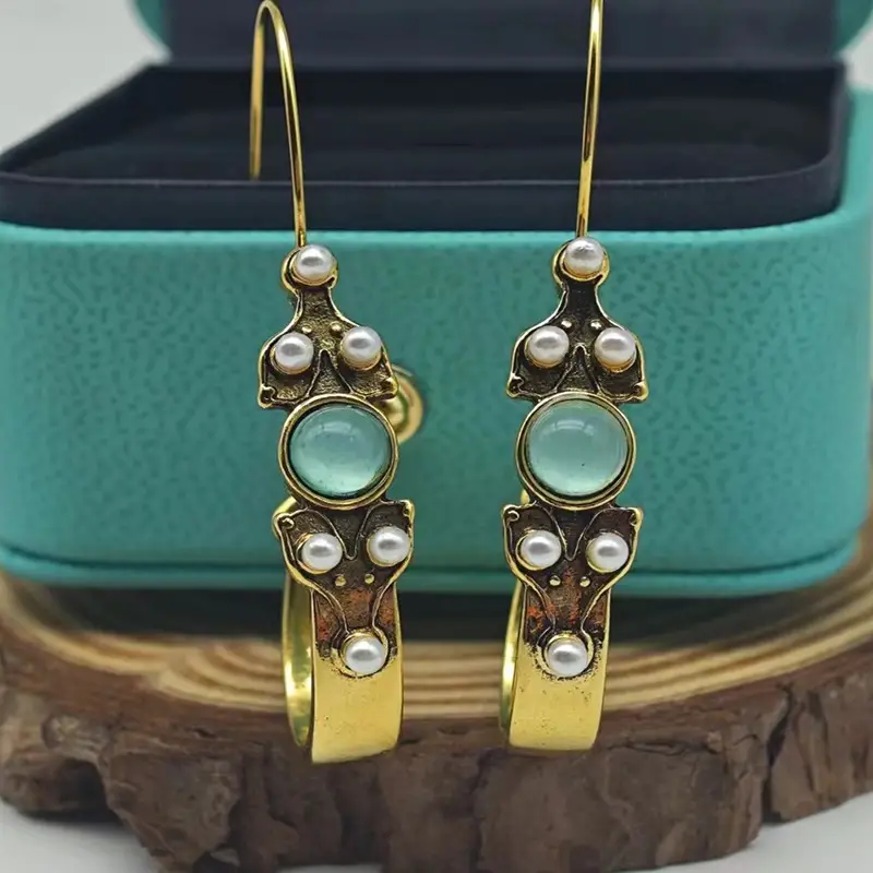 1 pair bohemian style gold plated earrings with blue sapphire and pearl accents vintage inspired dangle jewelry versatile fashion accessory ideal gift for any occasion details 4