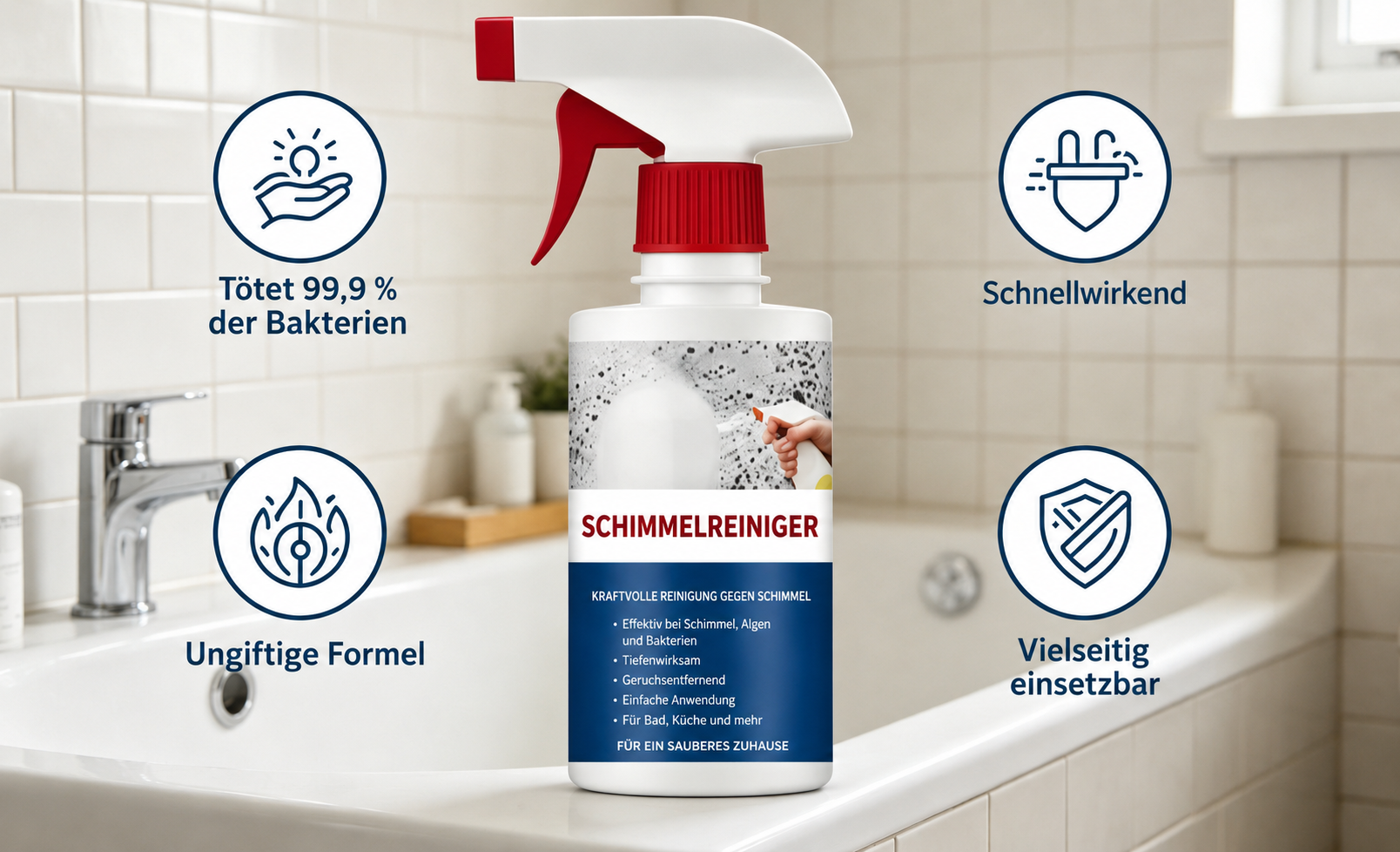 Bannerbild mit Anti-Schimmel-Reinigungsschaum f&uuml;r Schimmelflecken in Bad und K&uuml;che