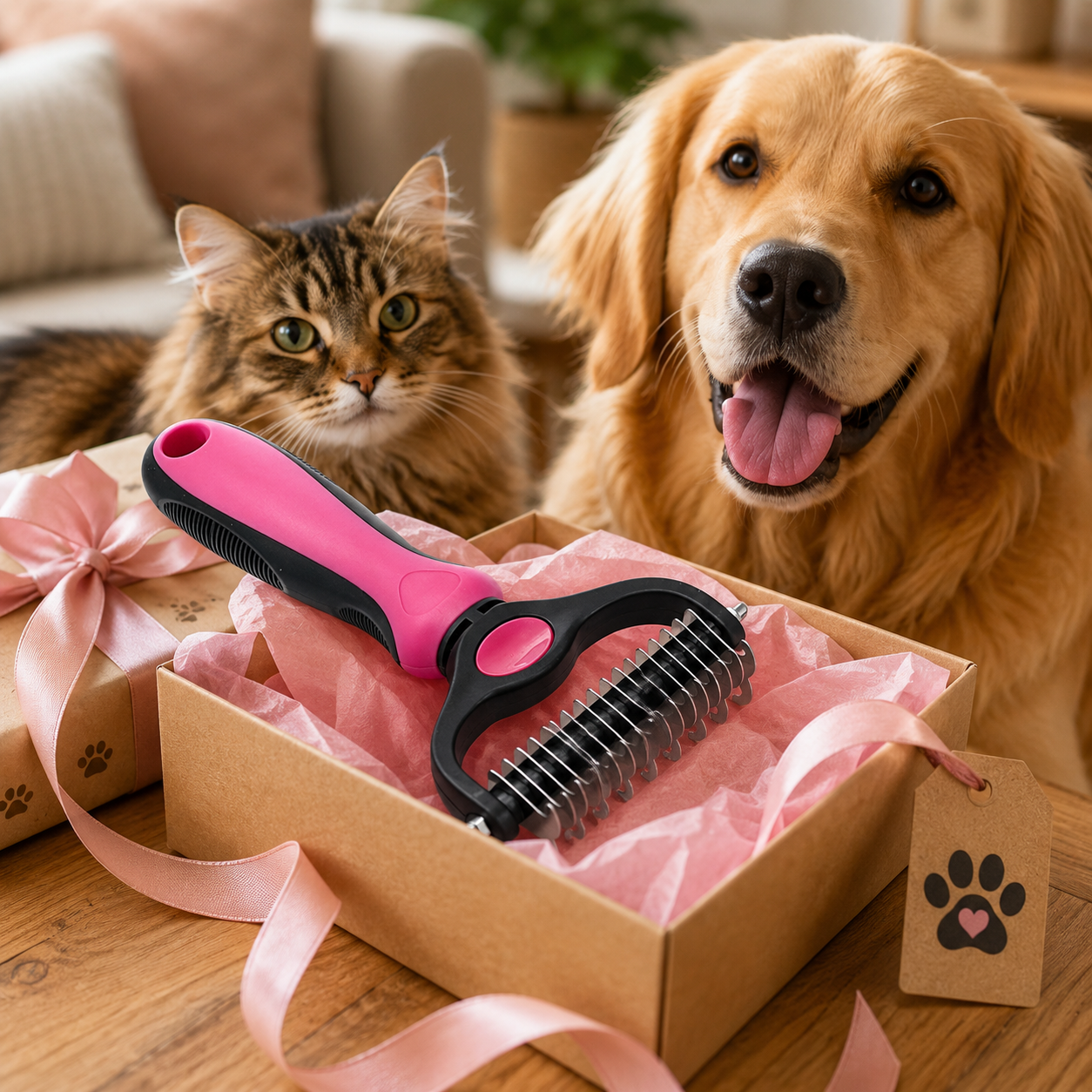 Suggested image: gift-style product photo of the comb placed near a pet bed, with a cat or dog nearby and a clean lifestyle background