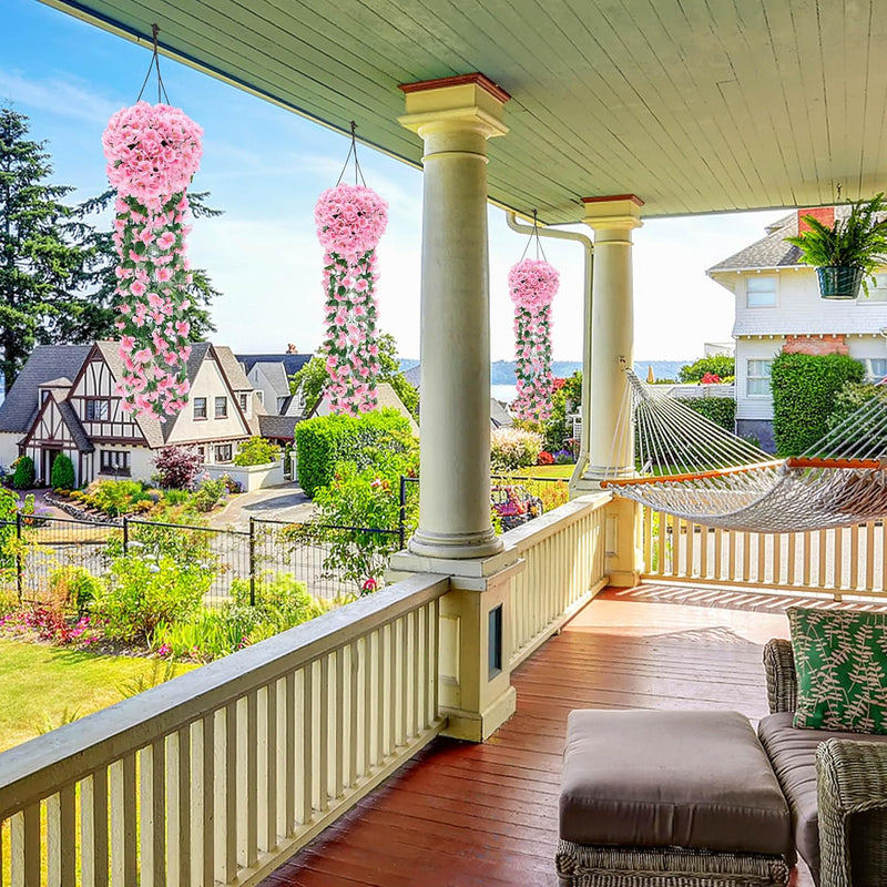2 Packs Fake Hanging Plants Artificial Flowers for Outdoors Pink UV Resistant for Home Porch Balcony Garden Patio Decor