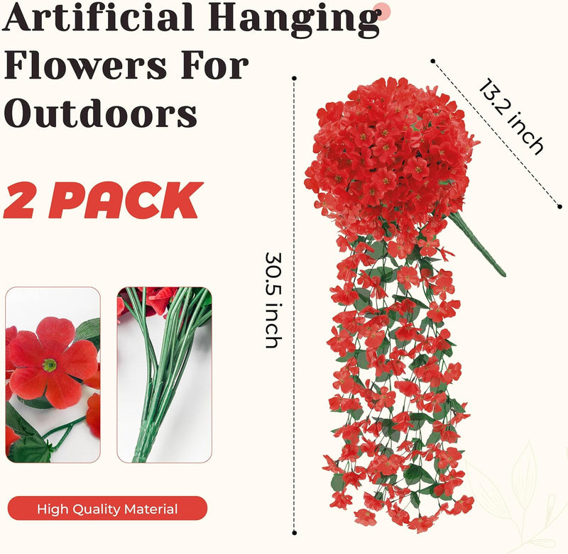  2 Packs Fake Hanging Plants Artificial Flowers for Outdoors Red UV Resistant for Home Porch Balcony Garden Patio Decor