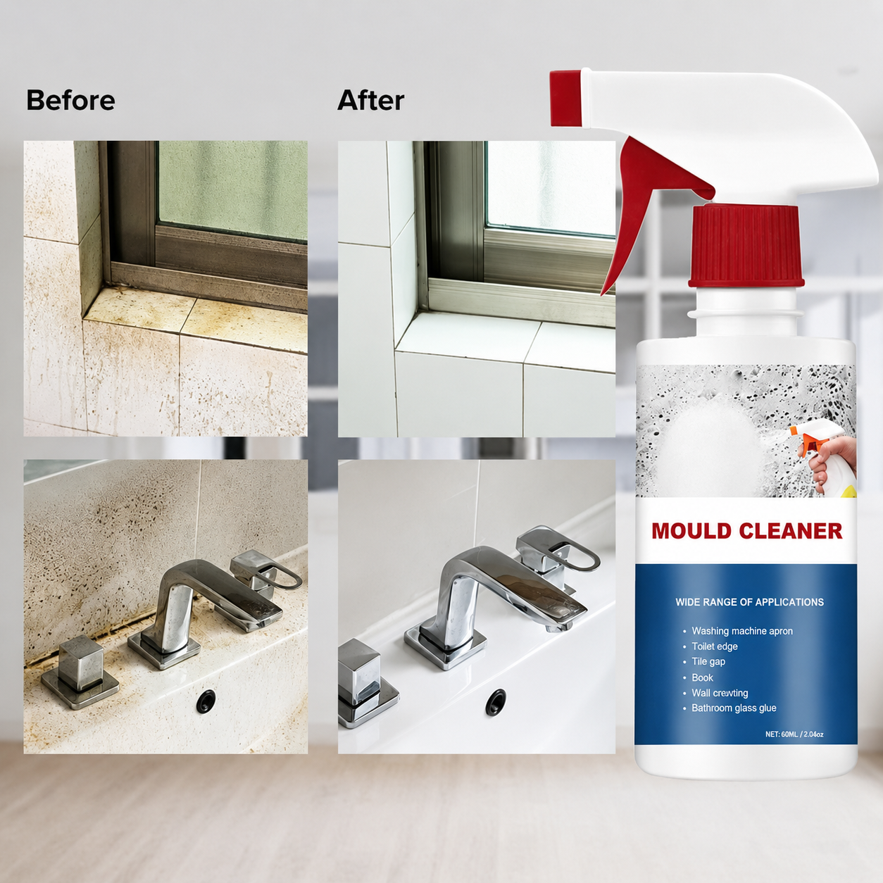 Anti-mold foam spray applied to bathroom grout and black mildew stains
