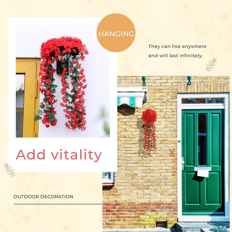  2 Packs Fake Hanging Plants Artificial Flowers for Outdoors Red UV Resistant for Home Porch Balcony Garden Patio Decor
