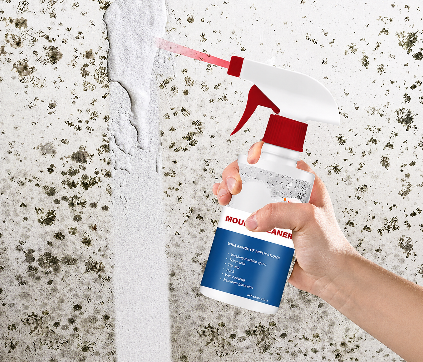 Close-up before and after comparison of mold removal on grout and caulk