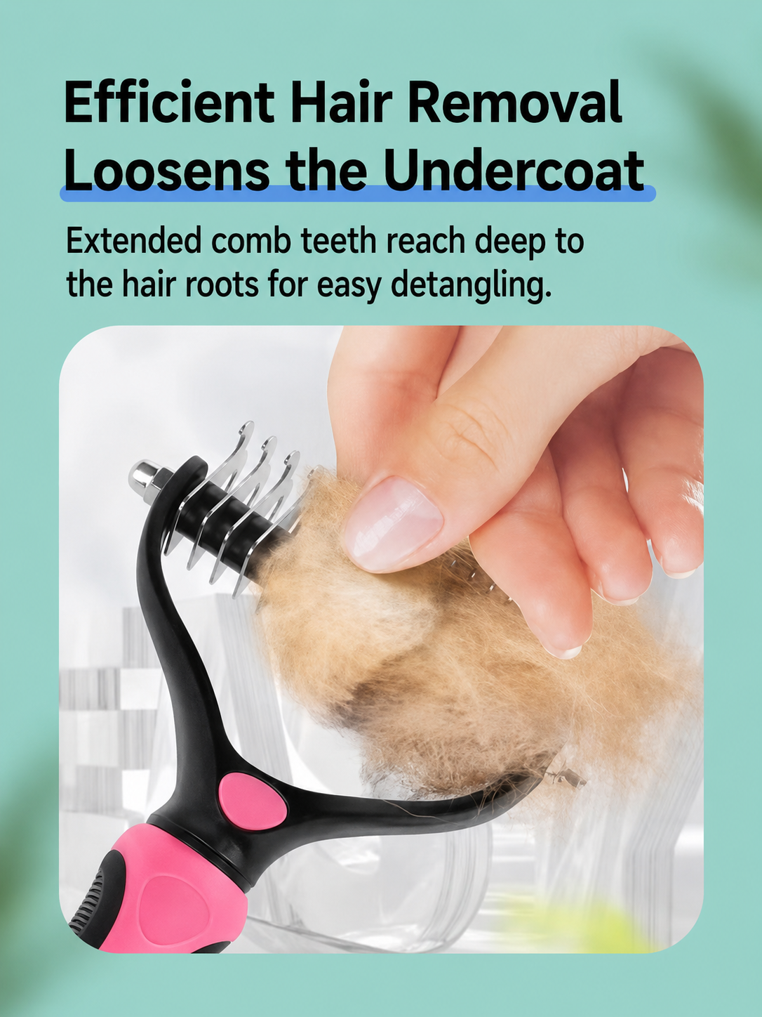 Suggested image: close-up product photo showing the two functional sides of the Gentle Pet Hair Remover Comb with clear detail on the grooming teeth