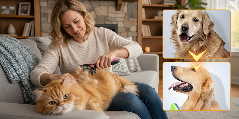 Suggested image: Gentle Pet Hair Remover Comb hero image with calm dog or cat and visible loose fur problem