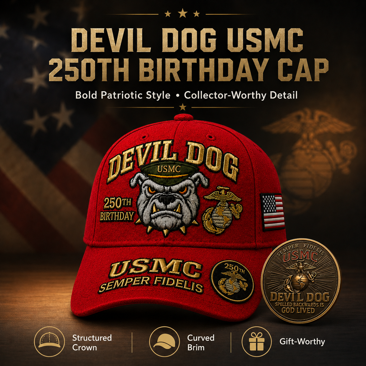 💗 Devil Dog USMC Independence Day Commemorative Cover 🎁 Free Honor Coin With Every Cap Purchase