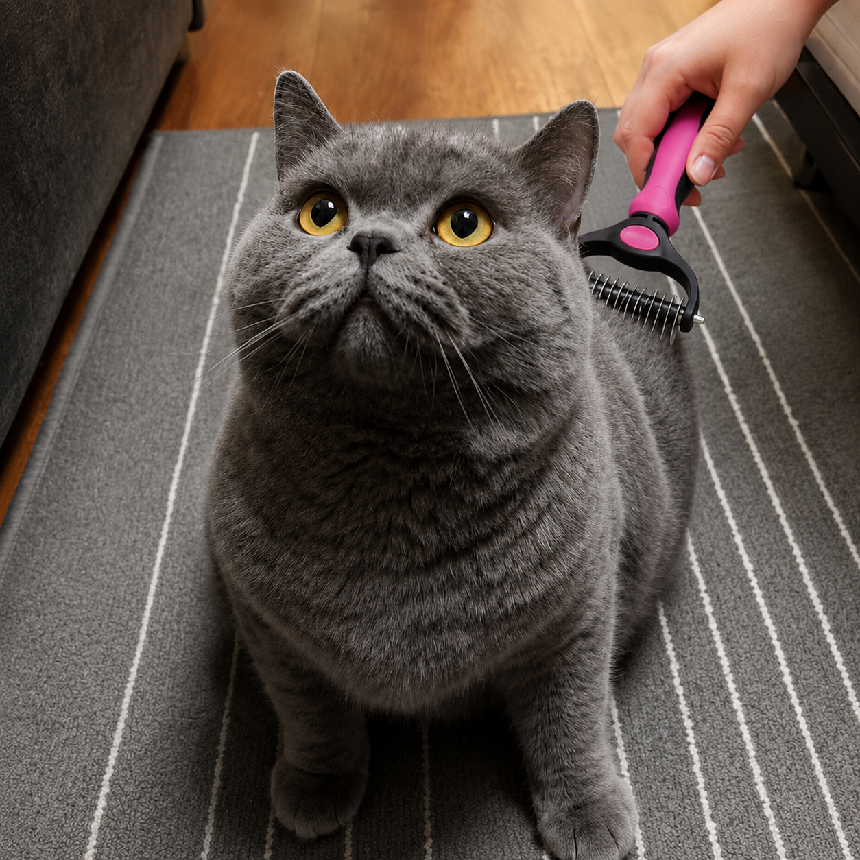 Suggested image: hero lifestyle photo of a happy cat or small dog being gently groomed with the Gentle Pet Hair Remover Comb on a clean sofa or grooming table