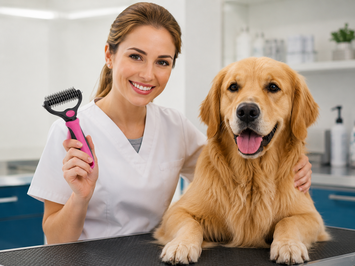 Suggested image: veterinary style photo of a pet grooming expert holding the comb beside a calm long-haired cat or dog