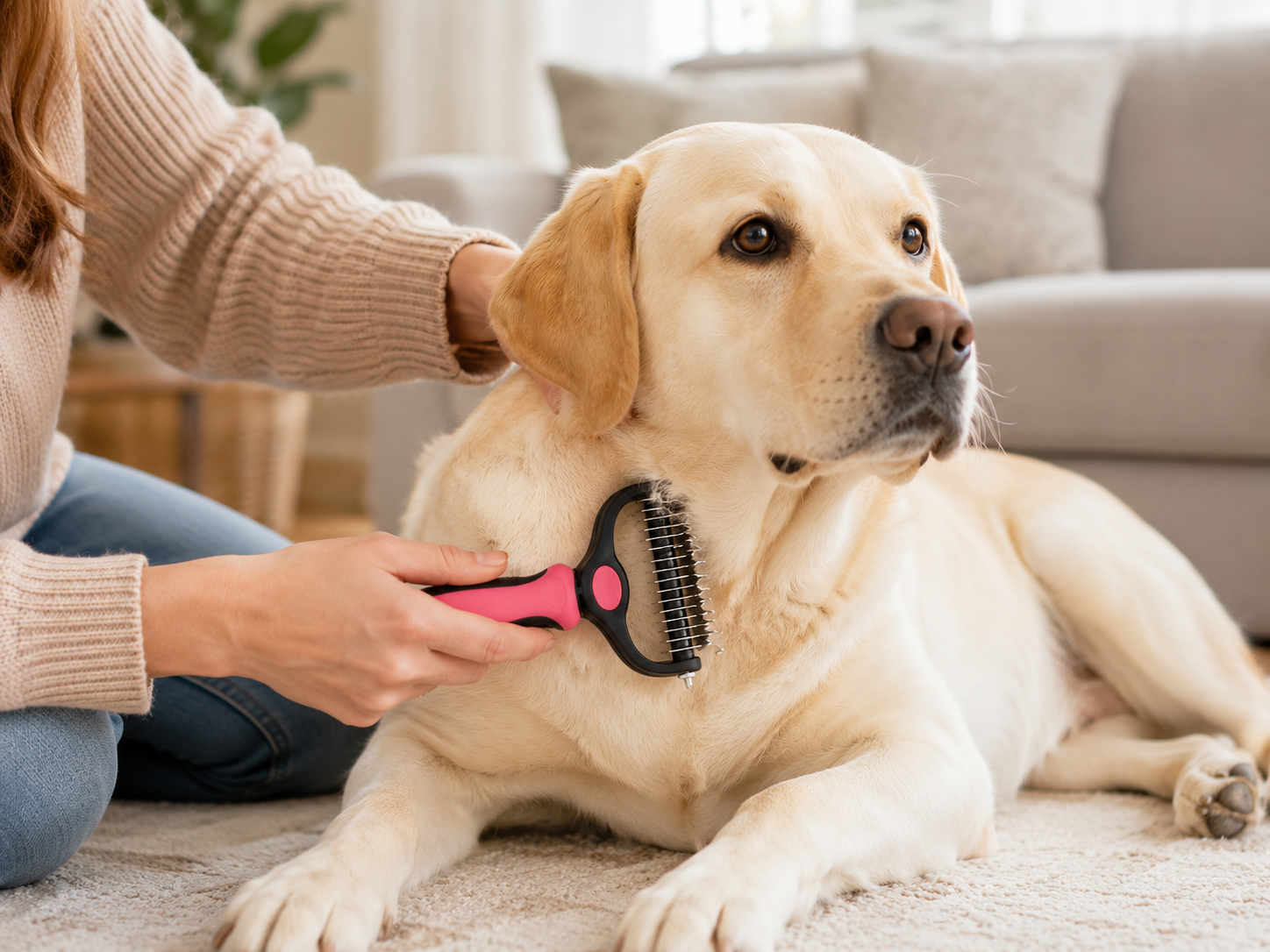 Suggested image: owner gently holding a pet&rsquo;s fur near the root while using the comb around the neck or chest area in a calm home setting